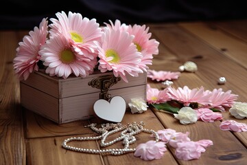 Wall Mural - white roses and pink daisies next to a pink box on a wooden floor Generative AI