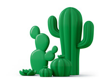 3d Green Cactuses And Succulents Isolated On White Background. Desert Prickly Spiny Plants. 3D Rendering Illustration