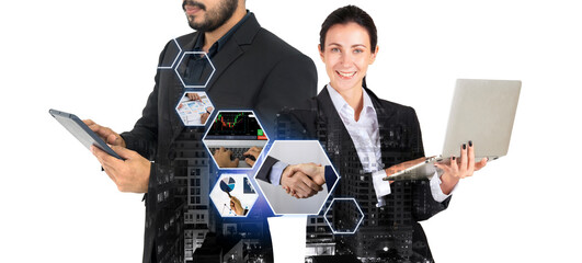 Business finance technology and investment concept with skyscraper city at night time. Young caucasian businesswoman in black suit holding laptop computer, showing the success of. work with the team.