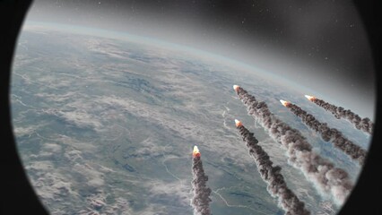 Wall Mural - burning asteroids or missiles over earth, space shuttle window view cinematic view of meteors astero