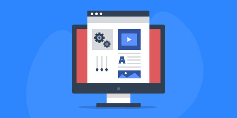 Wall Mural - creating digital media content with ai software tool on computer screen. vector illustration web ban