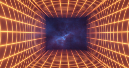 Wall Mural - Abstract orange yellow energy grid swirling tunnel of lines in the top and bottom of the screen magical bright glowing futuristic hi-tech background