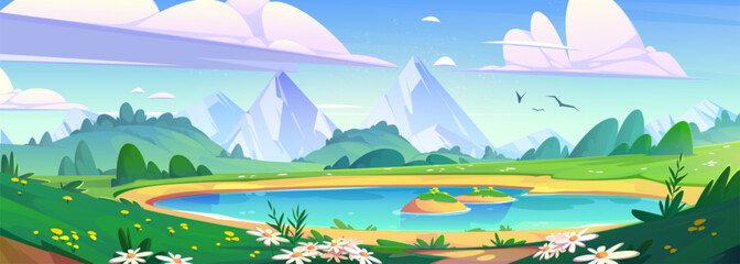 Wall Mural - Spring mountain landscape with lake and colorful flowers. Vector cartoon illustration of majestic rocky peaks, green hills and valley, blue pond under sunny sky with clouds. Vacation banner design