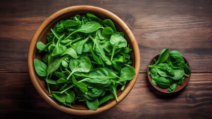 Wall Mural - Baby spinach leaves in bowl on wooden table Generative AI