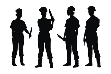 Wall Mural - Female butcher wearing uniforms silhouette set vector. Modern female butchers with anonymous faces on a white background. Girl pirates standing in different positions with knives silhouette collection