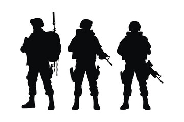 Wall Mural - Military special forces with tactical gear and weapon silhouette set vector. Modern infantry with assault rifles on a white background. Army soldiers standing in battle formation with anonymous faces.