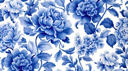 The blue and white floral pattern in a delicate shading style blends with the background painting.