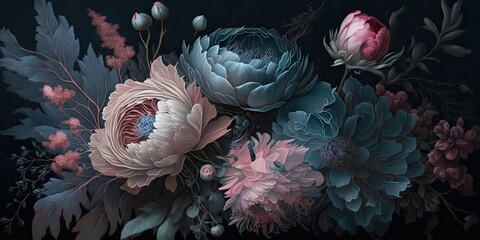 Wall Mural - Subtly textured blue and pink pastel painted flowers dark moody background. Generative AI AIG15.