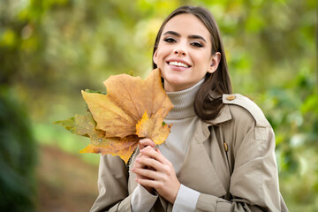 Beautiful girl outdoors in autumn fall. Young woman collects yellow fall leaves in autumn. Beauty woman holds autumn yellow leaf fall the face. Portrait of sensual woman over autumn fall background.