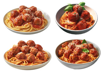 Four plates of balls in tomato sauce with spaghetti on a transparent background, Generative AI