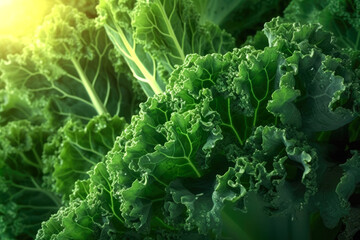 Wall Mural - Vibrant fresh green kale cabbage, closeup detail - , healthy superfood concept. Generative AI