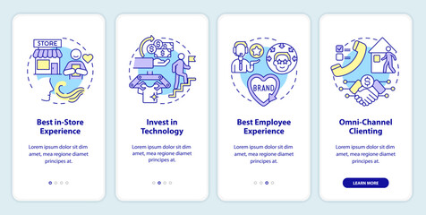 Retail trends onboarding mobile app screen. Shopping store walkthrough 4 steps editable graphic instructions with linear concepts. UI, UX, GUI template. Myriad Pro-Bold, Regular fonts used