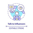 © IMG visuals icons - Talk to influencers concept icon. Content creator. Digital event. Industry meeting. Social media. Marketing strategy abstract idea thin line illustration. Isolated outline drawing. Editable stroke