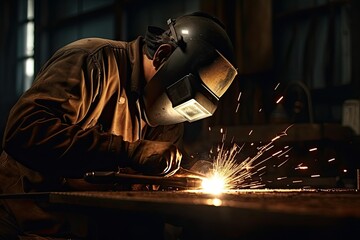 Industrial worker with protective mask welding steel structure in a factory