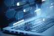 © Who is Danny - Software system technologies and research concept with digital connected node buttons on blurry background. Close up of laptop on desktop with mesh. Double exposure.