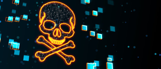 Orange glowing skull and bones digital illustration, dark screen texture background, hacking attack and piracy concept. 3D Rendering