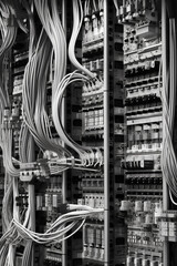 Fototapete - capturing the organized arrangement of cables and connectors in the back of a database server, conveying the complexity of data management.  Generative AI technology.