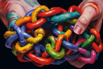 Fototapete -  An abstract painting featuring a distorted image of a human hand trapped in chains, using bold colors and unconventional forms Generative AI technology.