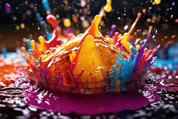 Poster - A composite image of colorful liquid droplets falling and splashing onto a surface, capturing the moment of impact   Generative AI technology.