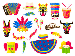 barranquilla carnival holiday, isolated vector set of items for celebration. animal masks, dress, co