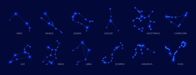 set of glowing blue zodiac constellations