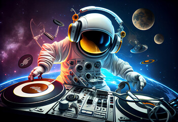 Photo of cartoon spaceman djing. Generate Ai