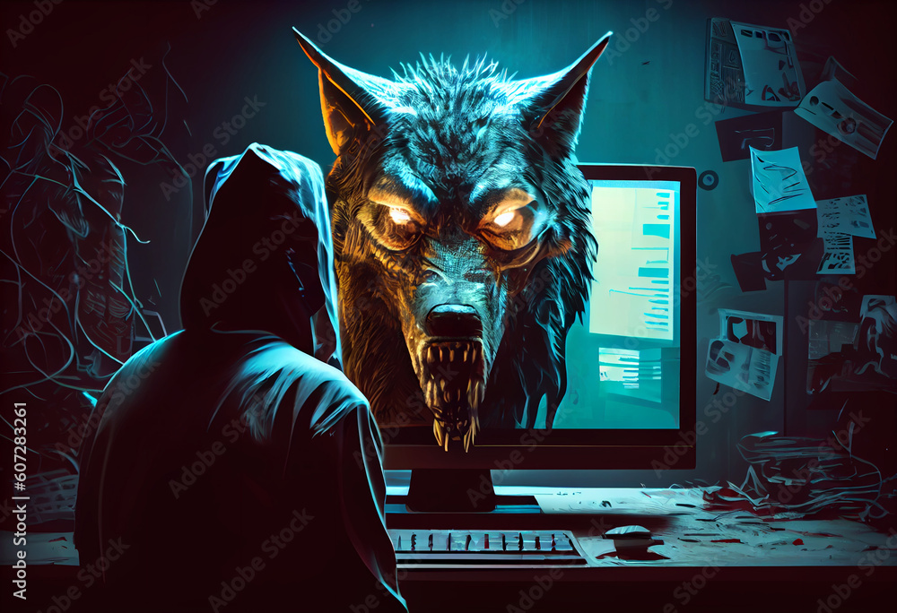 Wolf Using Computer Wolf head behind a computer screen to symbolize a predator. Generate Ai ...