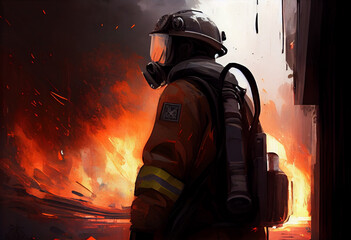 Wall Mural - firefighter seen from behind with a big fire in the background. generate ai.