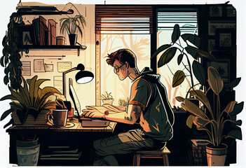 A freelancer man works behind a laptop. Home office workplace. Generate Ai.