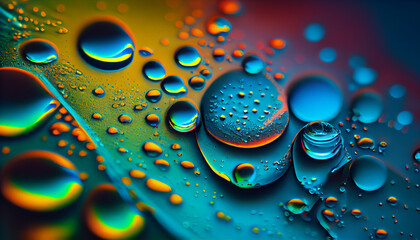 Poster - Abstract bright colorful background with drops of oil and water in blue and turquoise tones, macro. . Generate Ai.