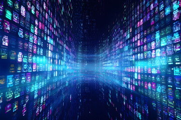 Blue digital grid of monitor screens, hi-tech, cyberspace, social media, big data, e-commerce concept, futuristic technology abstract background. Generative AI