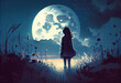 © AI_images - A girl with a big moon on meadow. Generate Ai.