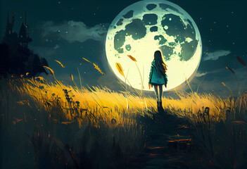 Wall Mural - A girl with a big moon on meadow. Generate Ai.