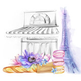 Fototapeta Paryż - French bakery, pastry shop, macaroons. Parisian cafe. Watercolor illustration. Logo, clipart for design of flyers, website, banner, postcards, invitations