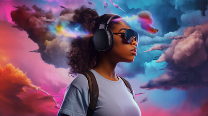 Wall Mural - Young woman using virtual reality headset. VR glasses, futuristic, technology, online education, education, video game concept. Generative AI.