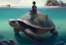 Boy Sitting On Giant Tortoise In The Ocean, Digital Painting, Ultra Realistic. Generate Ai.
