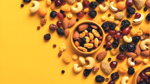 Nuts And Dried Fruits On A Yellow Background, Generative AI.