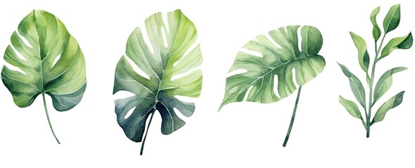Set of tropical leaves and flowers isolated on white background. Highly detailed plant collection. Generative AI