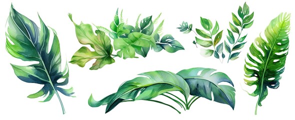 Set of tropical leaves and flowers isolated on white background. Highly detailed plant collection. Generative AI