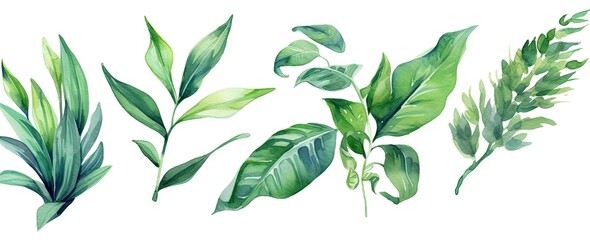 Set of tropical leaves and flowers isolated on white background. Highly detailed plant collection. Generative AI