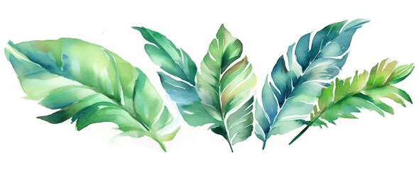 Set of tropical leaves and flowers isolated on white background. Highly detailed plant collection. Generative AI