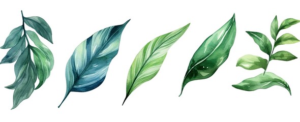 Set of tropical leaves and flowers isolated on white background. Highly detailed plant collection. Generative AI