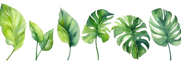 Set of tropical leaves and flowers isolated on white background. Highly detailed plant collection. Generative AI