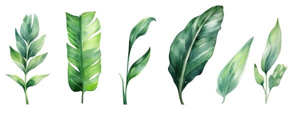 set of tropical leaves and flowers isolated on white background. highly detailed plant collection. g