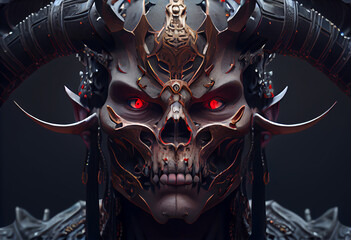 Skull devil cyborg samurai face, 3D rendering. Generate Ai.