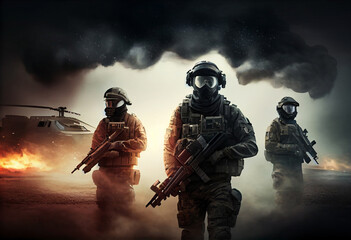 The concept of military units. soldiers with arms and Command Center between smoke in battle field. Generate Ai.