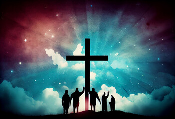 Worship concept: christian people hand in hand over cross on spiritual sky background . Generate Ai.