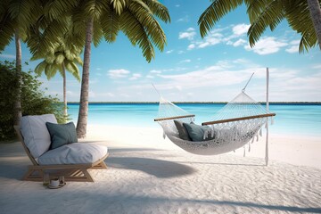 Wall Mural - A hammock on a beach with palm trees and a blue sky Generative Ai