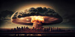© AI_images - Big nuclear explosion mushroom cloud effect over city skyline for apocalyptical aftermath of nuclear attach . Generate Ai.