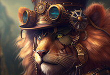 A Lion Wearing A Steampunk Hat And A Steampunk Mask, Fantasy Art, Steampunk. Generate Ai